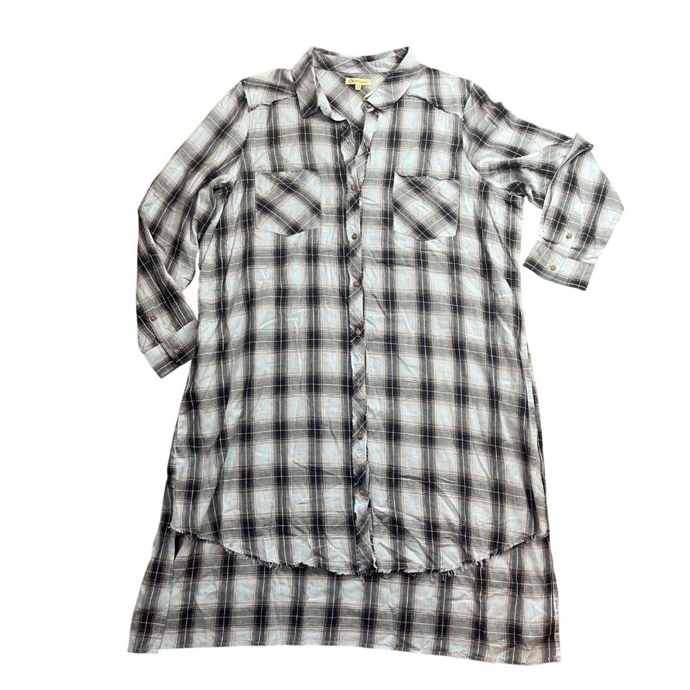 Democracy Plaid Shirt Dress Womens Plus Size 2X Blue Cotton‎ Raw Edge Pockets